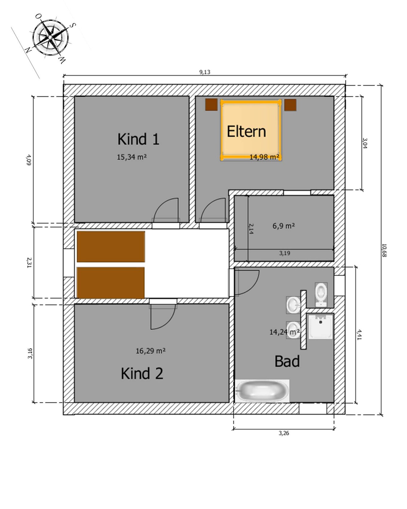 Grundriss eines Wohnhauses mit Kind 1, Kind 2, Elternzimmer und Bad; Kompass oben links.