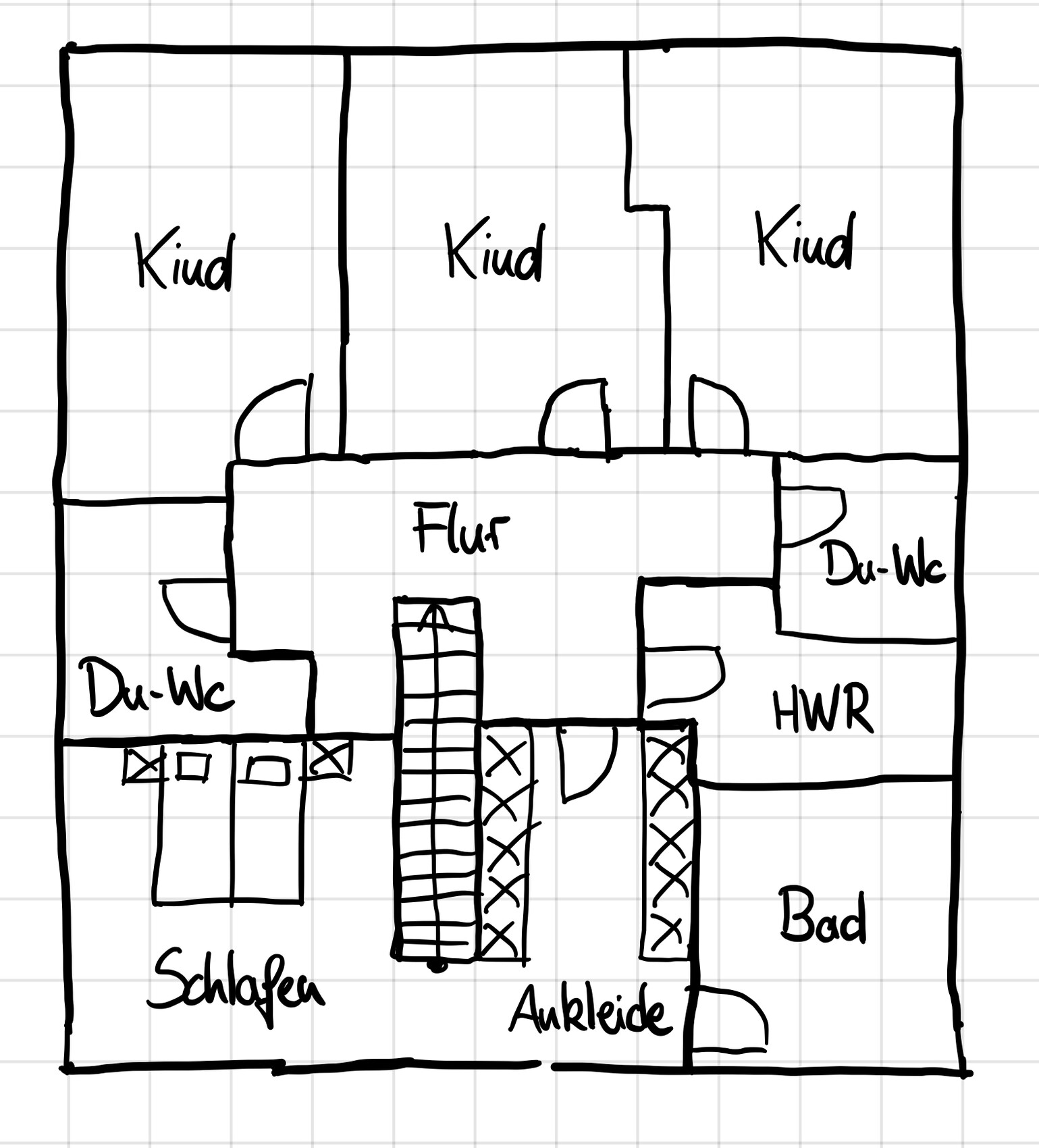 Grundriss: 3 Kinderzimmer oben, Flur in Mitte, Schlafen mit Ankleide, Bad und Du-WC.