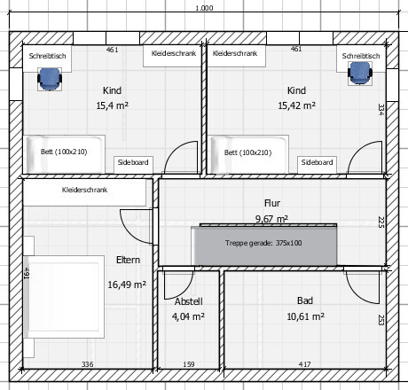 2D-Hausgrundriss mit Elternschlafzimmer, zwei Kinderschlafzimmer, Flur, Bad und Treppe.