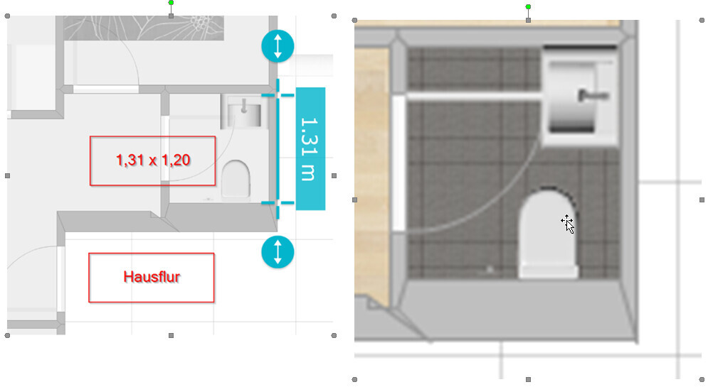 2D-Grundriss mit Flur und Bad, Maßangaben 1,31 m x 1,20 m