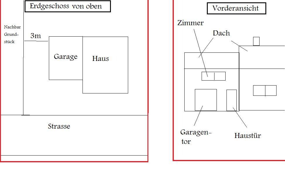 Zweigeteilter 2D-Hausplan mit Erdgeschoss-Garage und Frontansicht