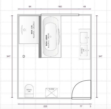 Zweiraum-Hausgrundriss in 2D mit Garage, Bad, Eingangsbereich und Spüle