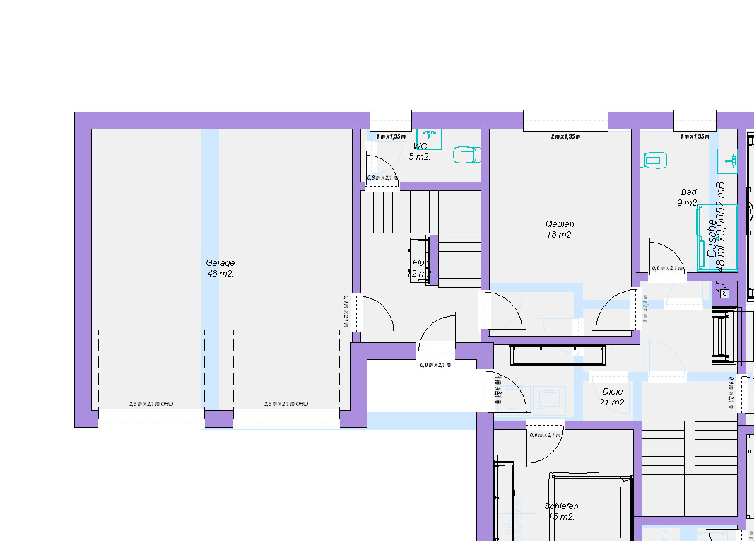 Grundriss eines Hauses von oben: Garage (46 m2) links, Flur, Treppen, Diele, Medien, Bad, Schlafen.