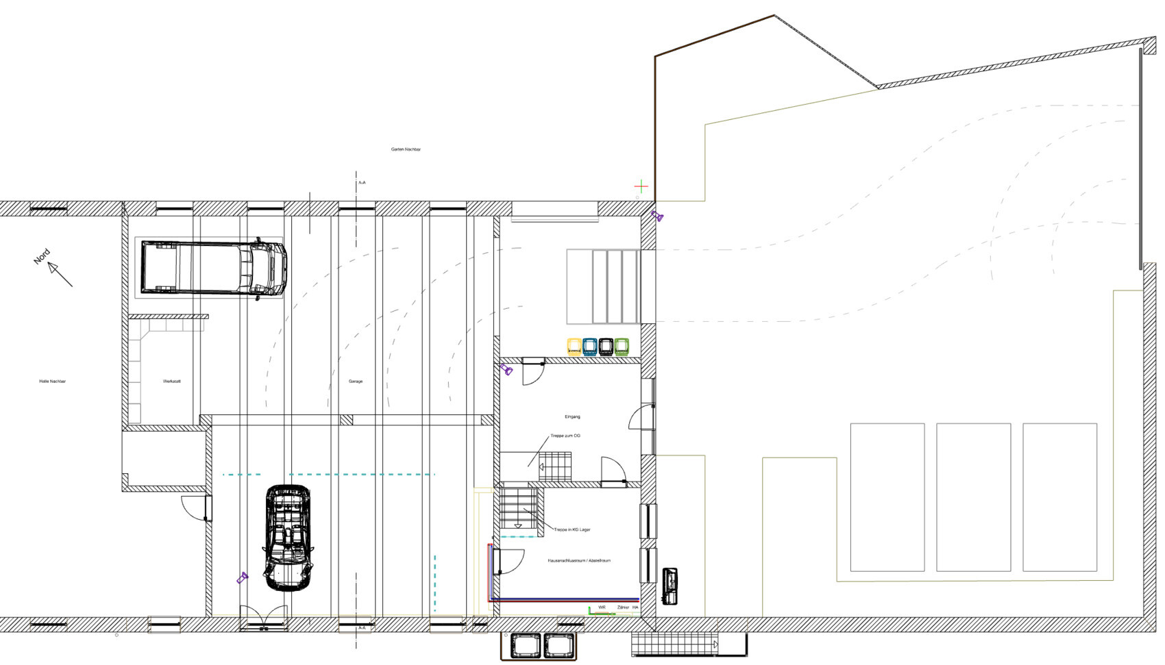 Architektur-Grundriss: Garage mit zwei Autos, Werkstatt, Eingangsbereich und Außenbereich.