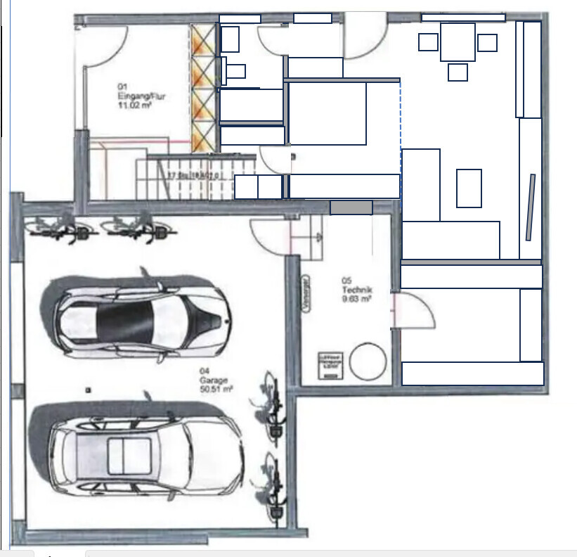 2D Grundriss eines Hauses mit Garage, Eingangsbereich, Treppen und Technikraum