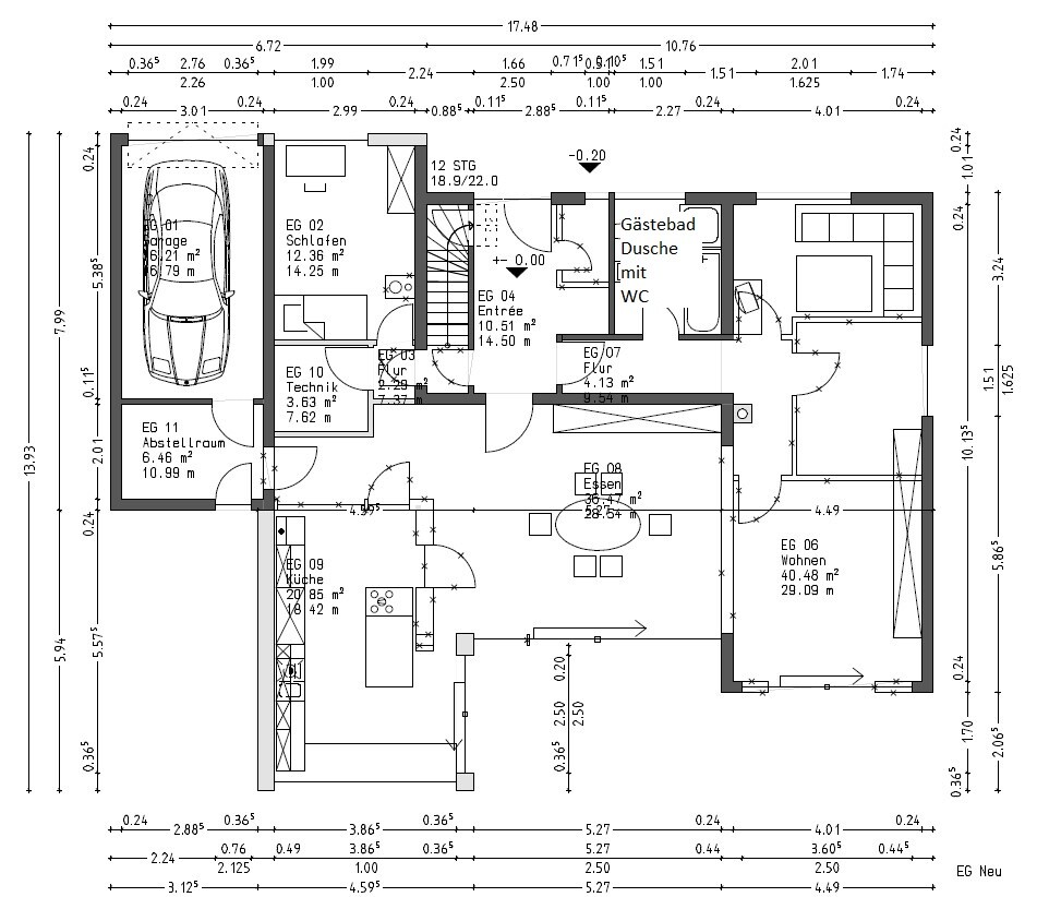 Grundriss eines Hauses mit Garage, Eingang, Küche, Esszimmer, Wohnzimmer und Schlafzimmer