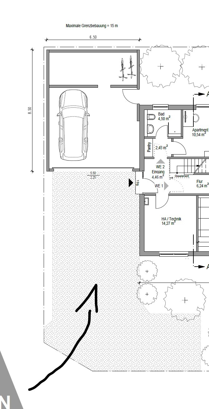 Grundriss eines Hauses: Garage mit Auto, Eingang, Bad, Technikraum, Flur, Garten.