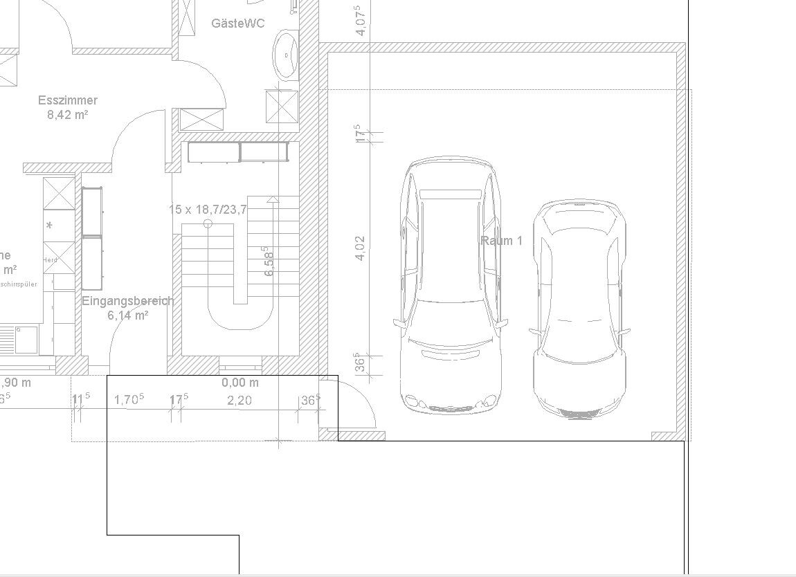 Grundriss: Garage mit zwei Autos, angrenzendes Treppenhaus und Eingangsbereich.