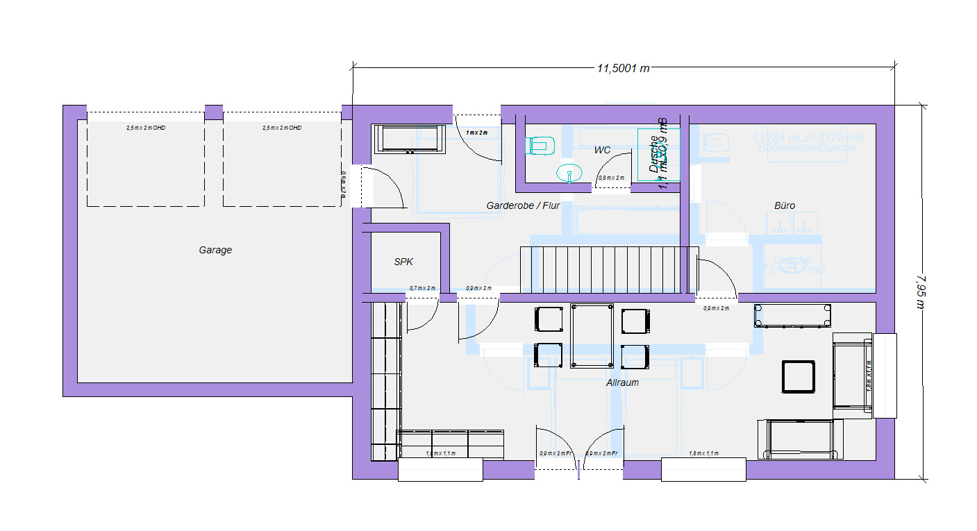Grundrissplan eines Hauses mit Garage, Flur, Garderobe, WC und Buero