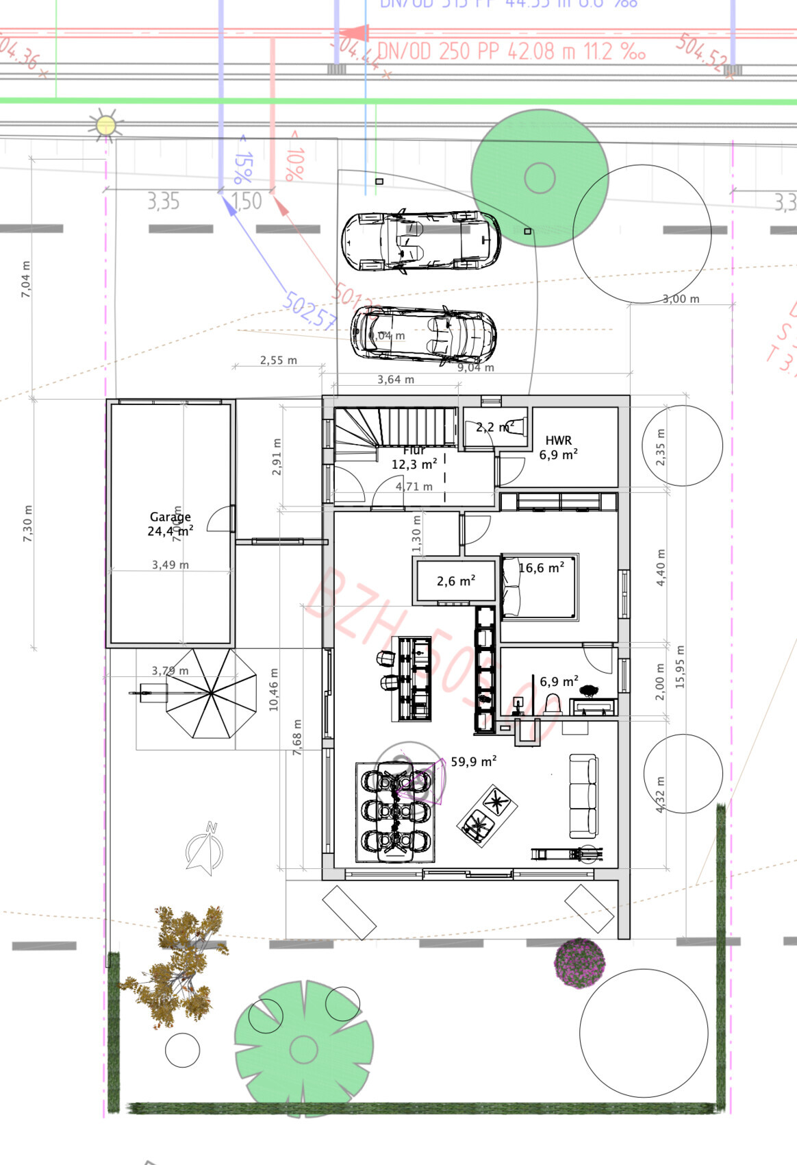 Grundriss eines Hauses mit Garage, Wohn-/Essbereich, Küche, Flur, HWR und Garten.