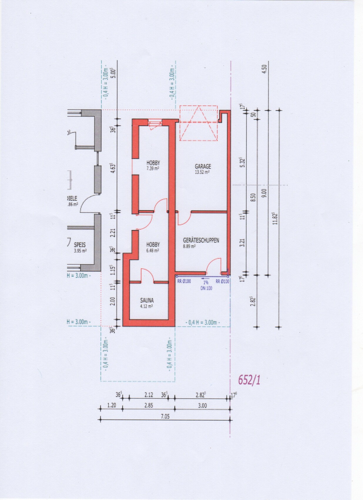 Grundriss eines Hauses mit Garage, Geräteschuppen, Hobbyräume, Sauna und Speis.