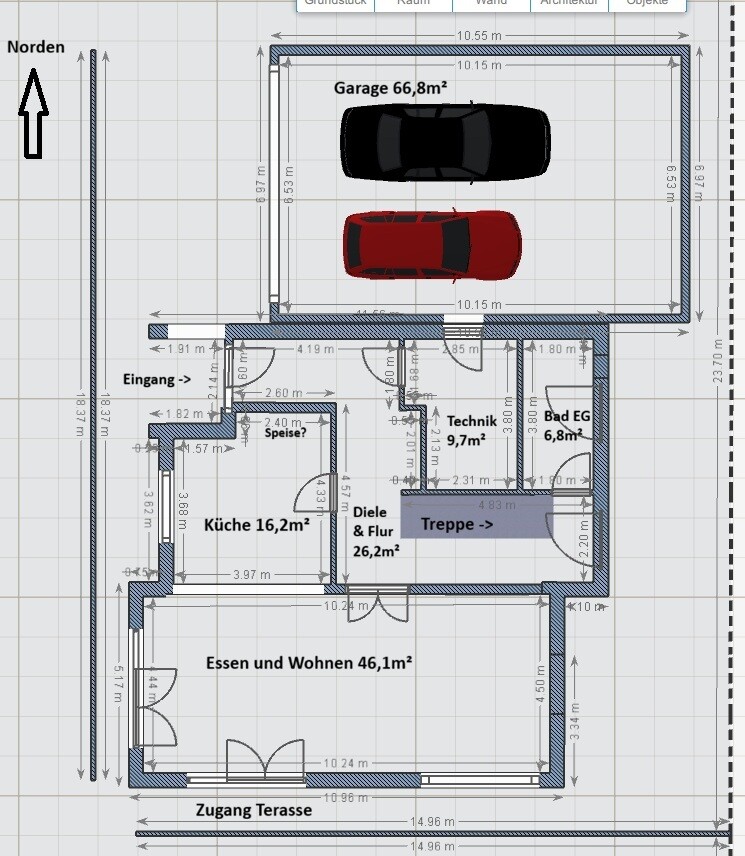 Grundrissplan eines Hauses mit Garage, Küche, Ess- und Wohnbereich sowie Terrasse