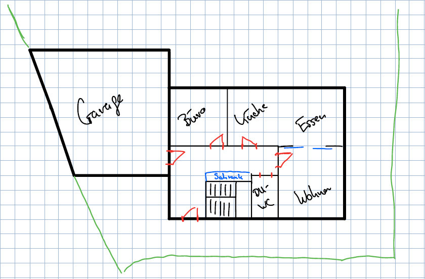 Grundriss eines Hauses mit Garage links; Räume: Büro, Küche, Essen, Wohnen; Türen eingezeichnet.