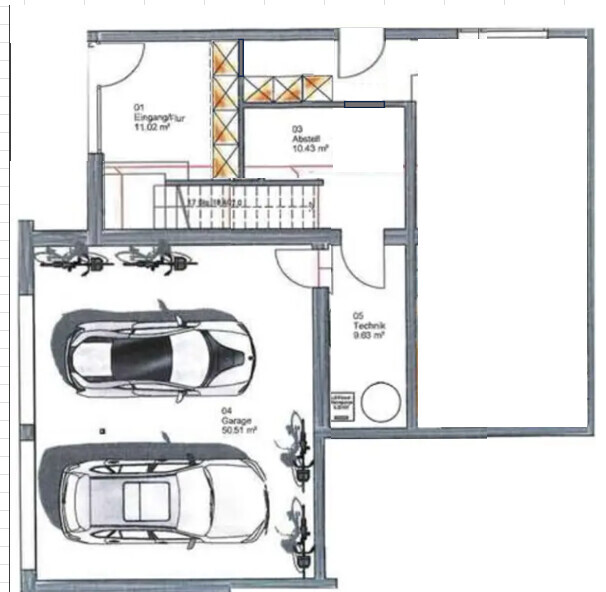Grundriss eines Hauses: Garage mit zwei Autos, Treppe, Eingangsbereich, Abstellraum.