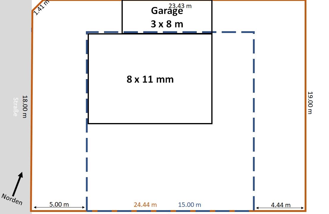 Grundriss eines Hauses mit Garage, Außenmaßen und Orientierung