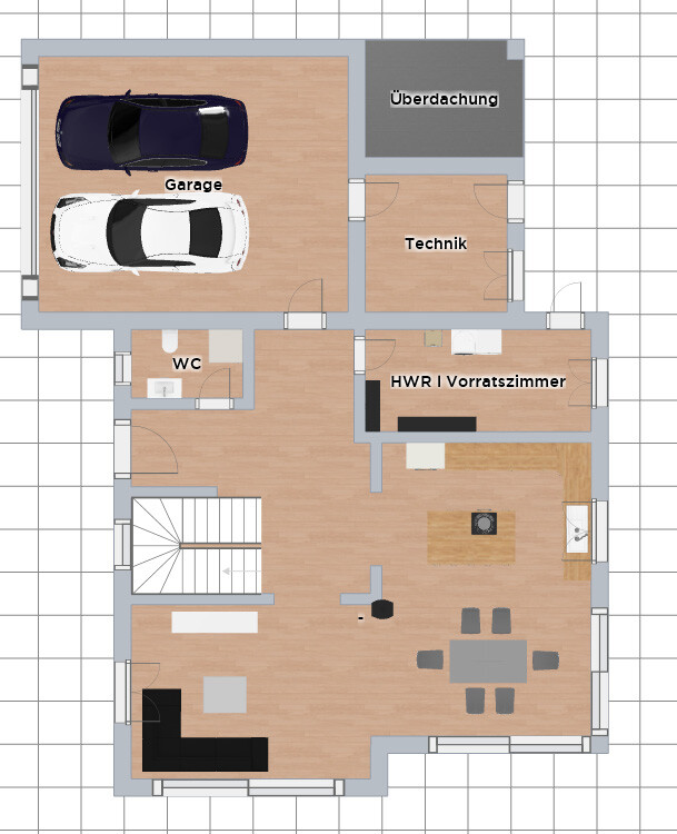 Grundriss eines Hauses: Garage mit zwei Autos, Technik, HWR, WC, Treppe, offener Wohnraum mit Küche.