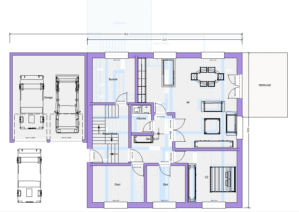 Grundriss eines Hauses mit Garage, Wohnzimmer, Essbereich und Terrasse.