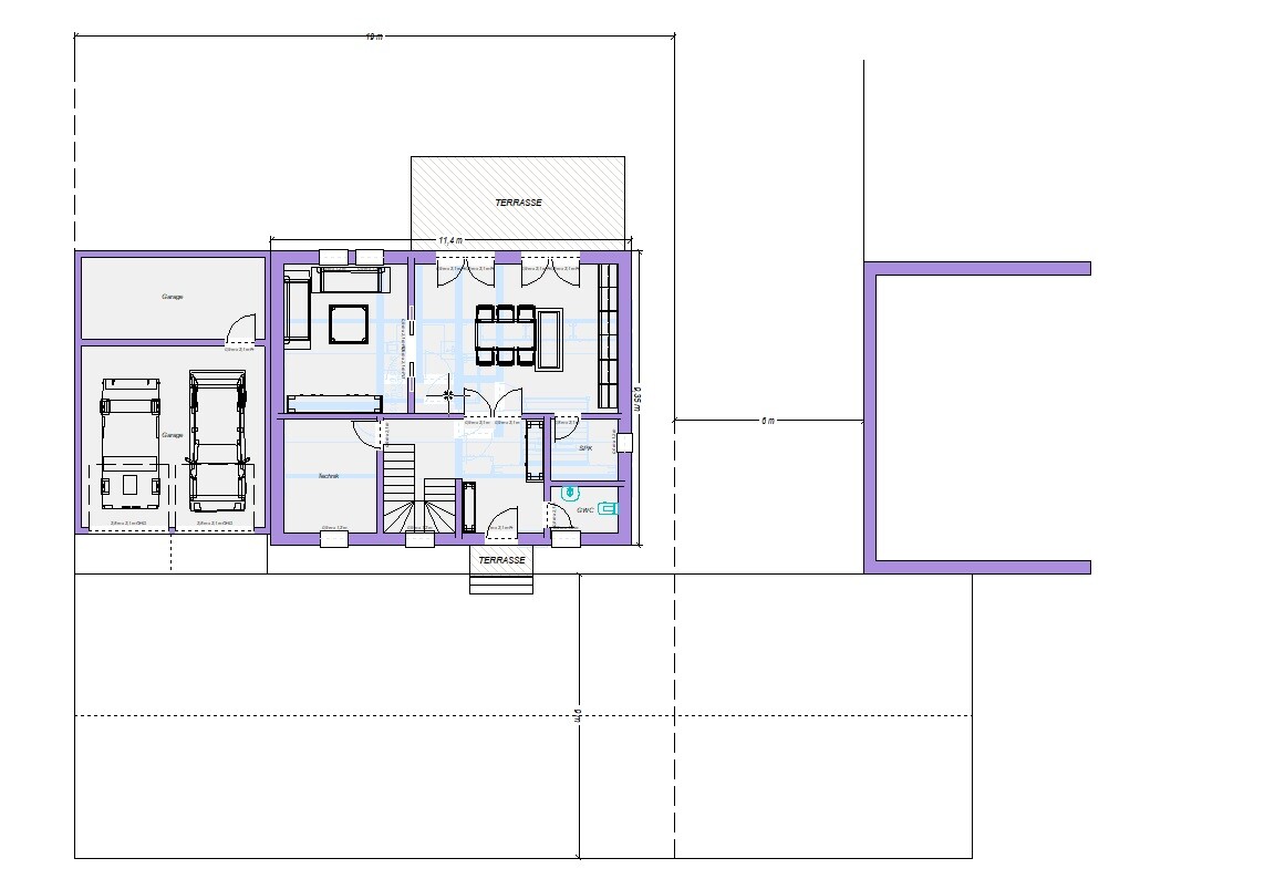 Grundriss eines Hauses mit Doppelgarage, Treppenhaus, Wohn- und Essbereich, Küchenbereich, Terrasse.
