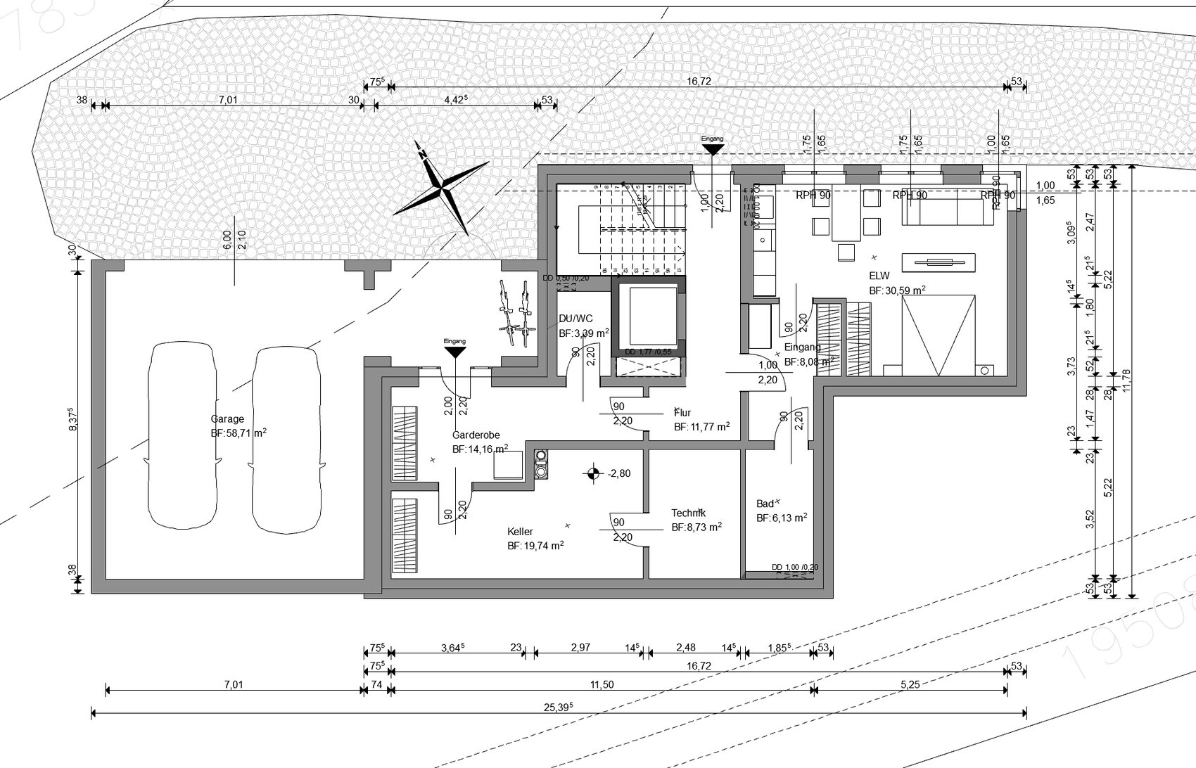 Grundriss eines Hauses mit Garage, Flur, Keller, Technik, Bad, Garderobe und Einliegerwohnung.