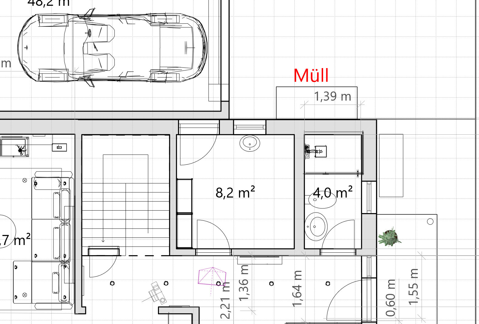 Grundriss eines Hauses mit Garage, Flur und verschiedenen Zimmern