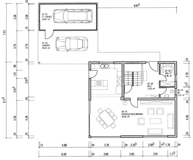 Grundriss eines Einfamilienhauses mit Garage, Carport, offener Küche/Essen/Wohnen, Treppe und Bad.