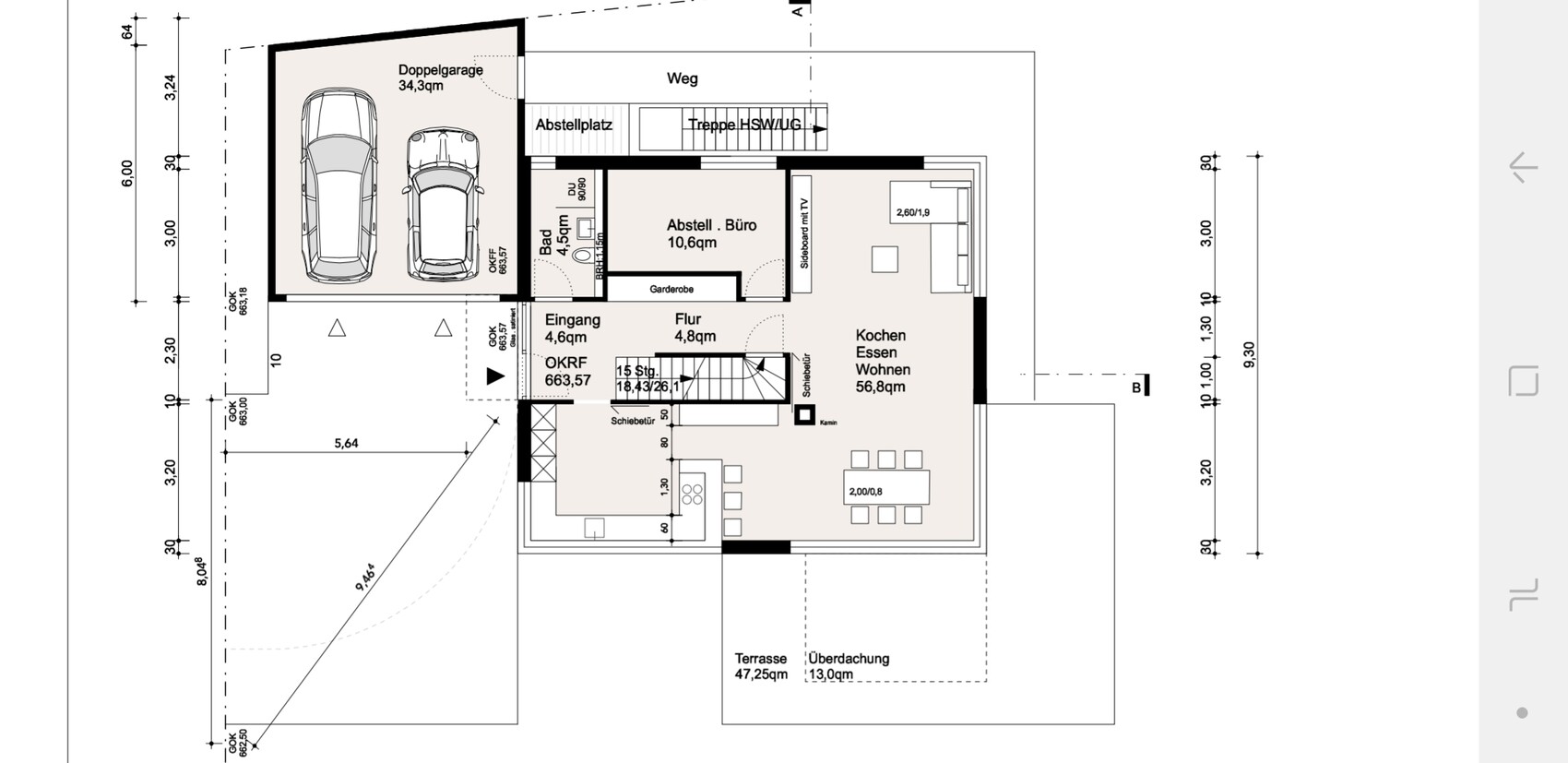 2D-Hausgrundriss mit Garage, Eingangsbereich, Küche, Essen und Wohnen