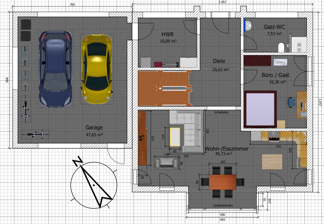 Grundriss: Garage mit zwei Autos, Wohn-/Esszimmer, Küche, Büro, Gäste-WC, Diele, HWR.