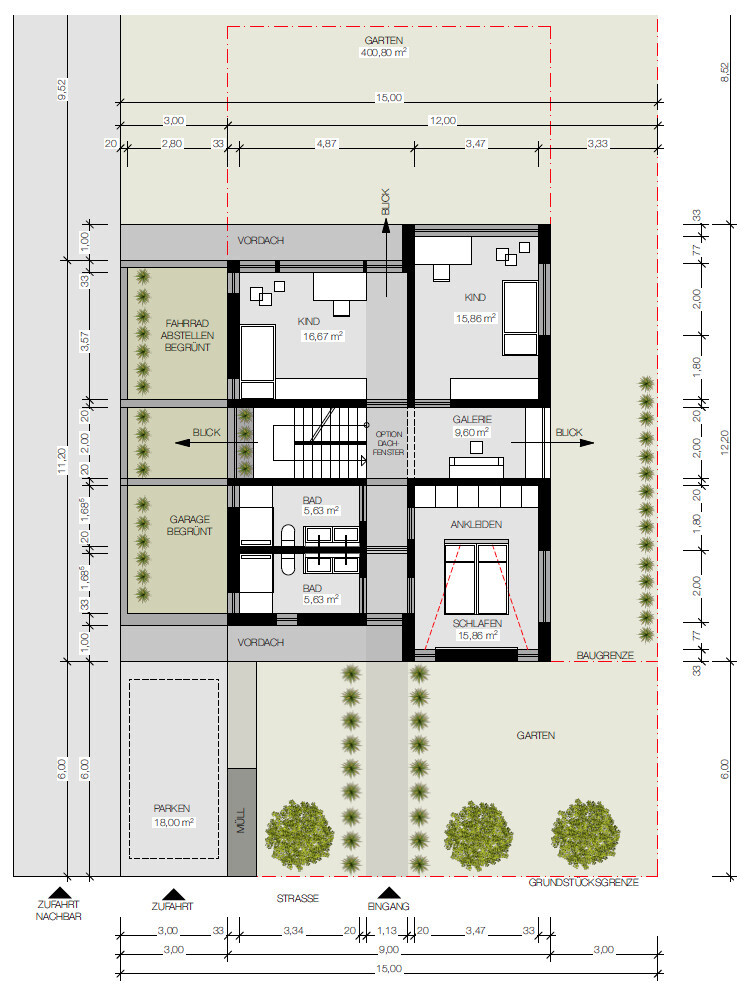 Grundriss eines Wohnhauses mit Garten, Garage, Eingang und mehreren Zimmern.