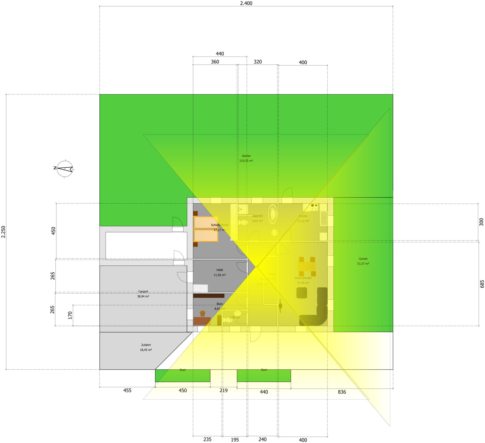 Grundriss eines Hauses mit Wohnbereich, Küche, Schlafzimmer, Bad und grünem Gartenumlauf.