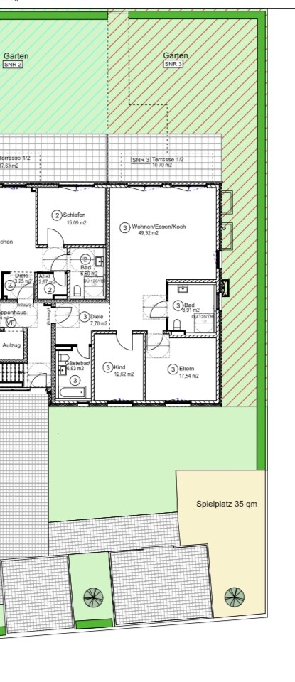 Grundriss eines Hauses mit Wohnen/Essen/Koch, Schlafen, Eltern, Kind; Terrasse, Garten.