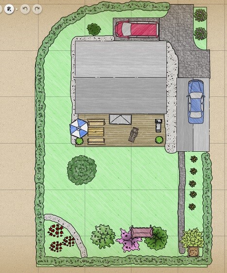 Vogelperspektive eines Hausgrundrisses mit Terrasse, Garten, Bäumen und Zufahrt