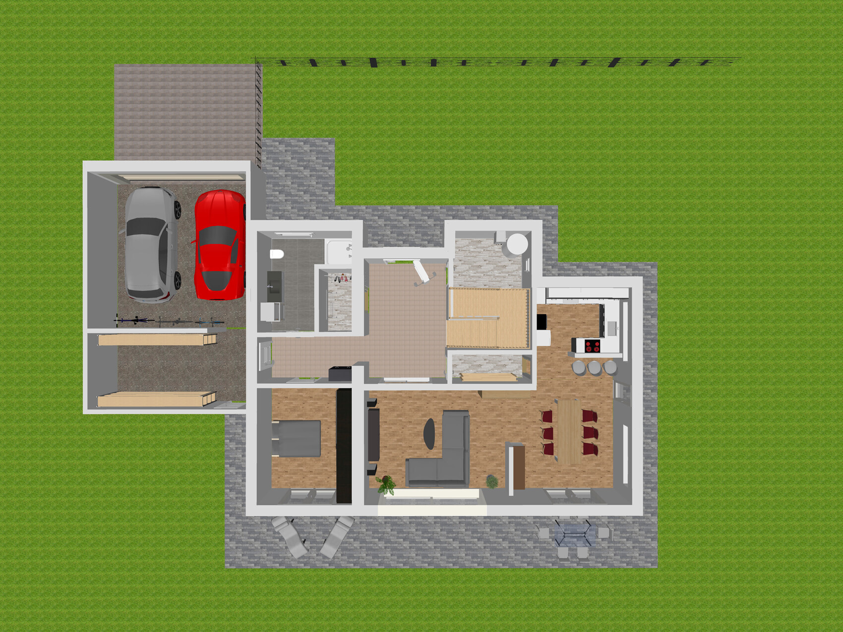 Grundriss eines Hauses von oben: Garage mit zwei Autos, Wohnzimmer, Küche, Schlafzimmer, Bad.
