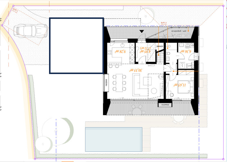 Grundriss eines Hauses mit Wohnzimmer, Küche, Schlafzimmern, Terrasse, Pool und Parkplatz