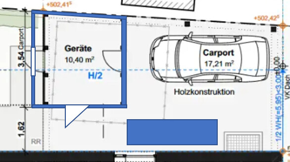 Grundriss: Carport (17,21 m²) mit Auto und Geräteraum (10,40 m²) in Holzkonstruktion