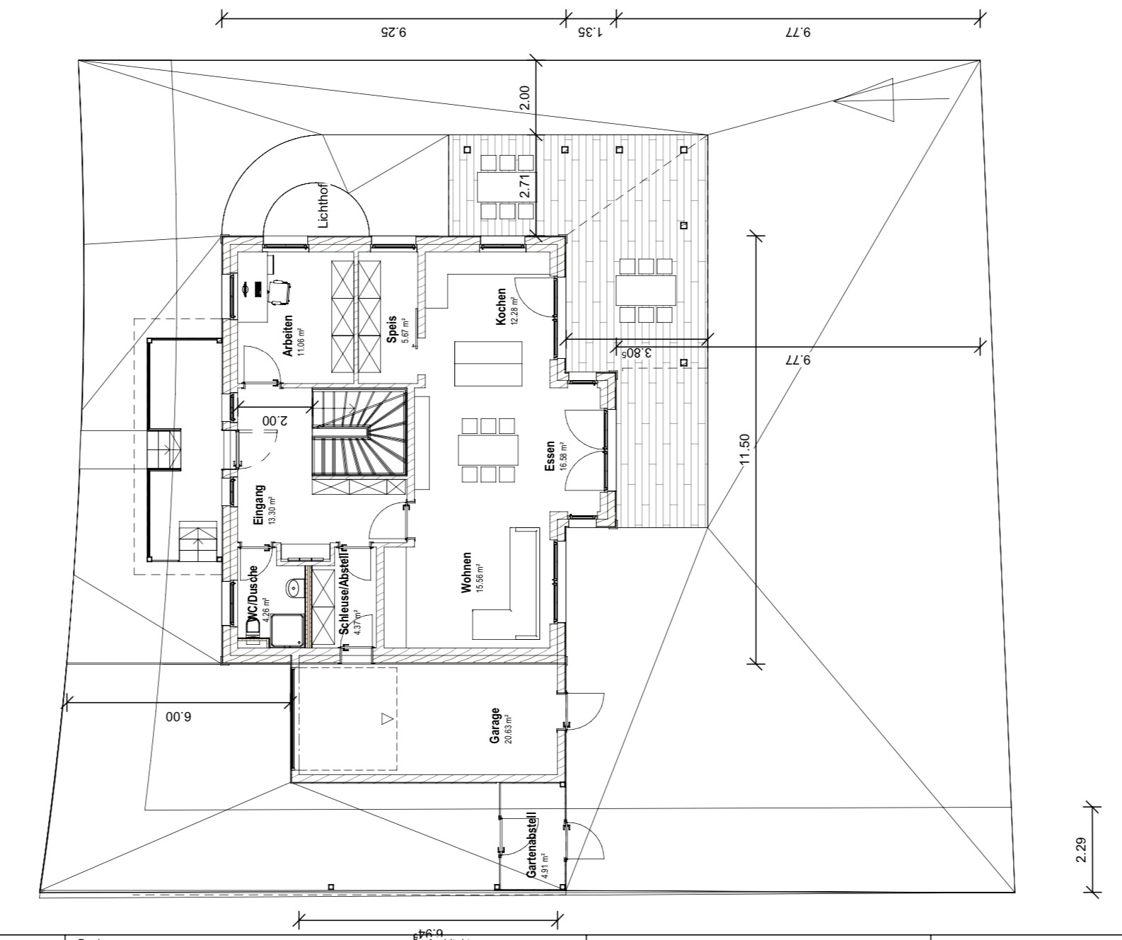 Grundriss eines Hauses: Wohnen, Essen, Kochen, Speis, Arbeiten, WC/Dusche, Garage, Garten.