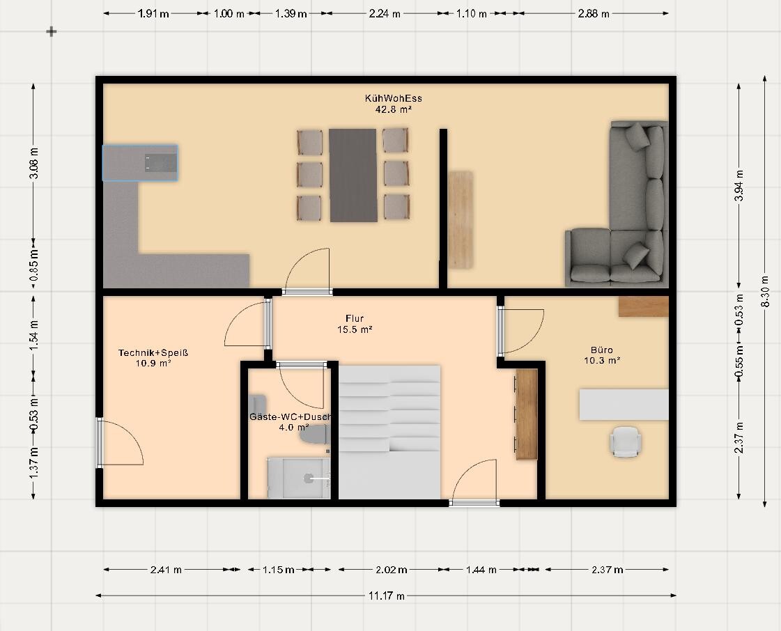Grundriss eines Hauses mit offener Küche, Wohnen/Essen, Büro, Technik, Gäste-WC und Flur.