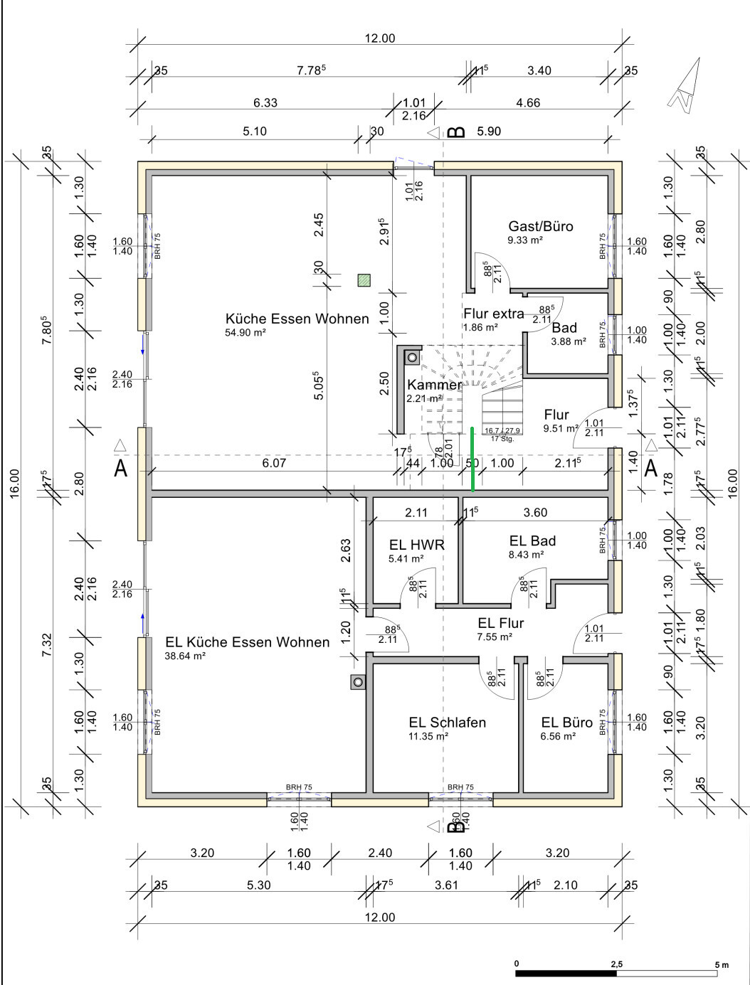 Grundriss eines Hauses: offene Küche/Essen/Wohnen, Schlafraum, Gästezimmer/Büro Bad Flure HWR.