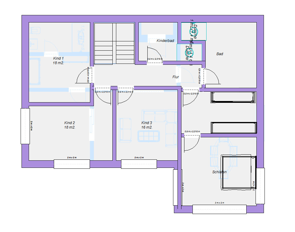 Grundriss eines Hauses mit drei Kinderzimmern, Schlafzimmer, Bad und Flur.