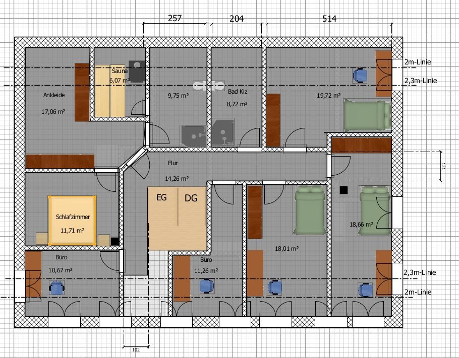 Grundriss eines Hauses: Mehrere Zimmer (Schlafzimmer, Ankleide, Büro, Bad, Sauna) mit Flur und Möbel