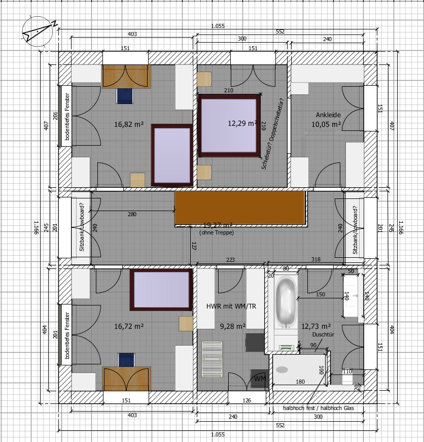Grundriss eines Hauses mit Schlafzimmern, Bad, Dusche, Ankleide und HWR.