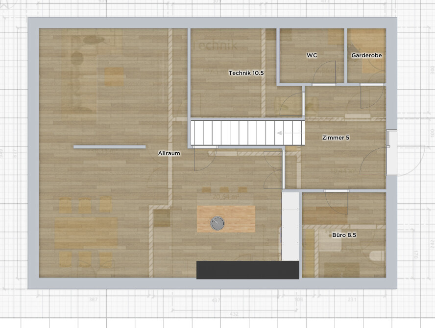 Grundriss: Allraum links, Treppe Mitte, Technik 10.5 oben, WC, Garderobe rechts, Zimmer 5, Büro 8.5.