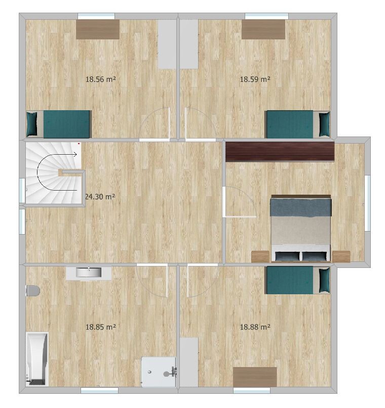 Grundriss eines Hauses mit Treppe, mehreren Zimmern und Möbeln (m²).