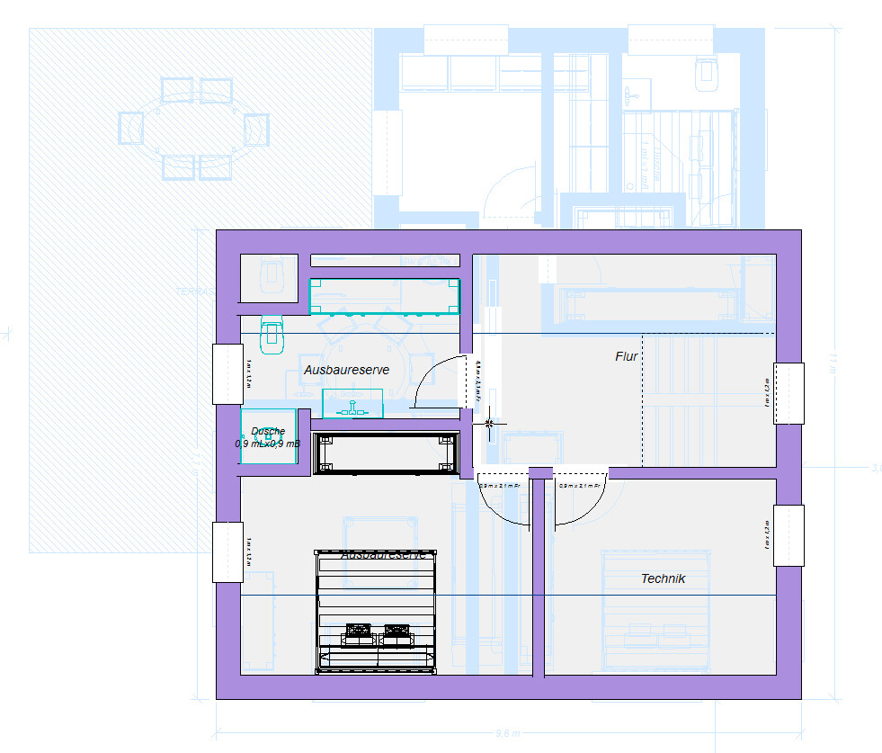 Grundriss eines Hauses: Flur, Technikraum und Ausbaureserve; violette Außenwand.