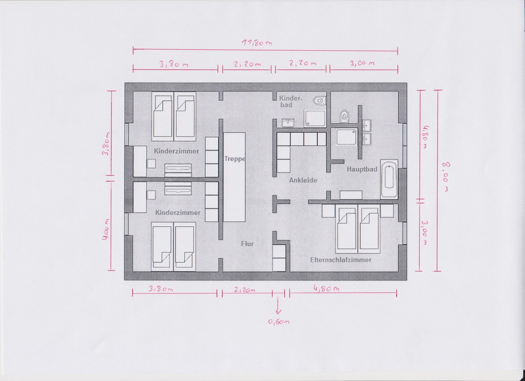 Grundriss eines Hauses mit Kinderzimmer, Elternschlafzimmer, Bad, Ankleide und Treppe.
