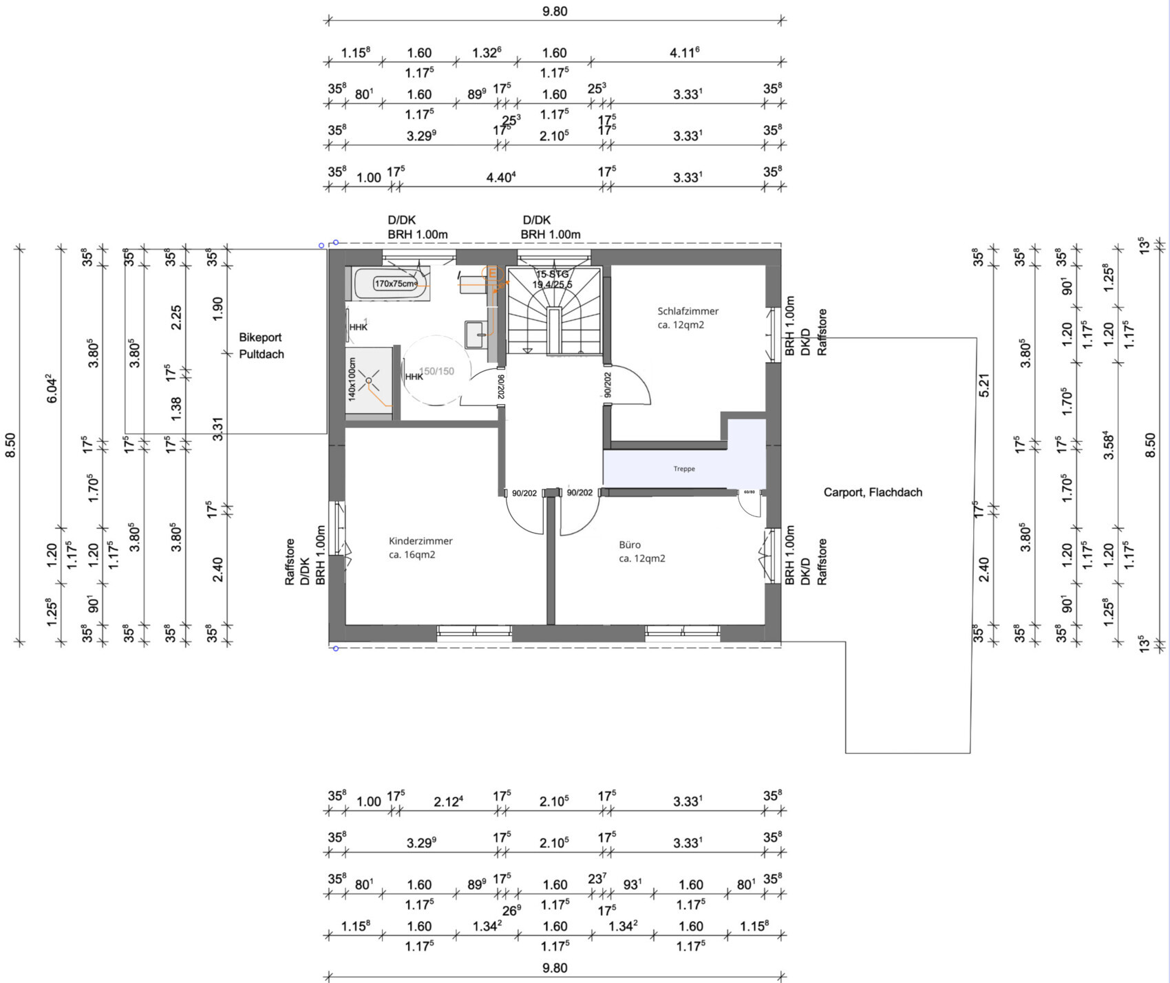 Grundriss eines Hauses mit Carport, Pult- und Flachdach, Schlafzimmer, Kinderzimmer, Büro und Treppe.