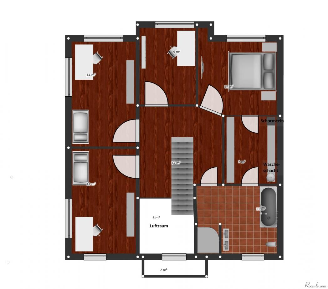 Grundriss: zentrales Treppenhaus, linke Zimmer, rechte Bad- und Waschküche, Balkontür unten.