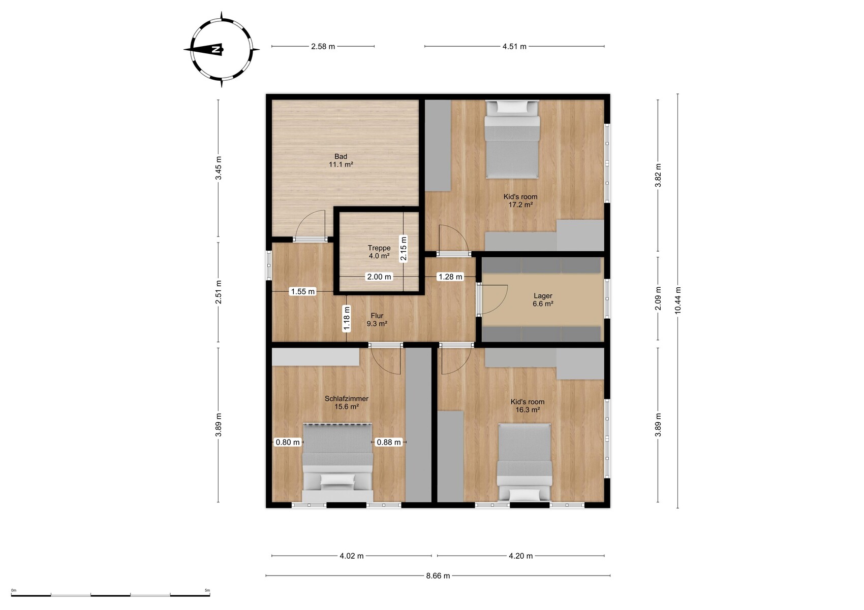 Grundriss eines Hauses mit Flur, Treppe, Bad, Schlafzimmer, zwei Kinderzimmer und Lager.
