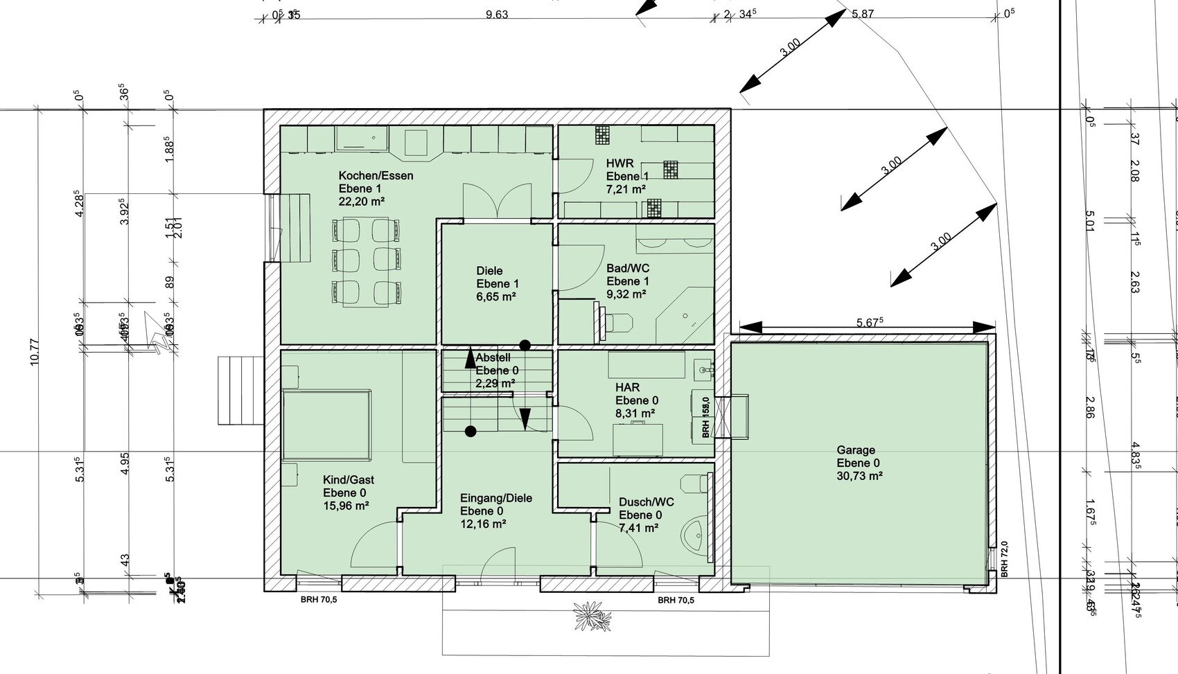 Grundriss eines Hauses mit Kochen/Essen, Diele, Bad/WC, Kind/Gast, Garage auf zwei Ebenen.