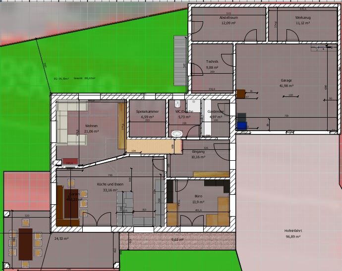 Grundriss eines Hauses mit Küche, Wohnzimmer, Büro, Garage und Garten.