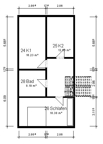 2D-Grundriss eines Hauses mit Bad, Schlafzimmer und Kueche, Massangaben sichtbar